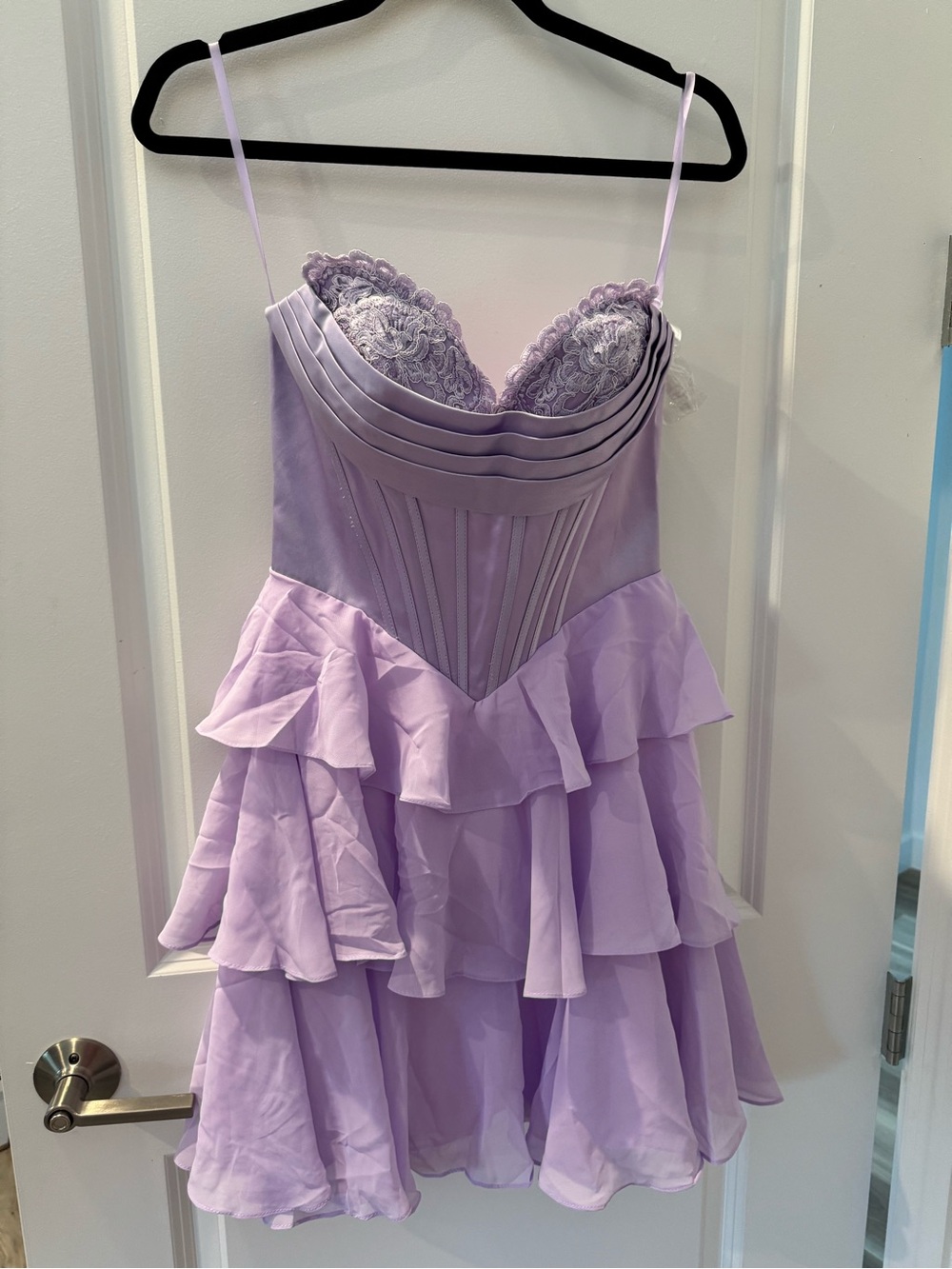 Lilac Lace Bodice Tiered Ruffle Prom Dress
